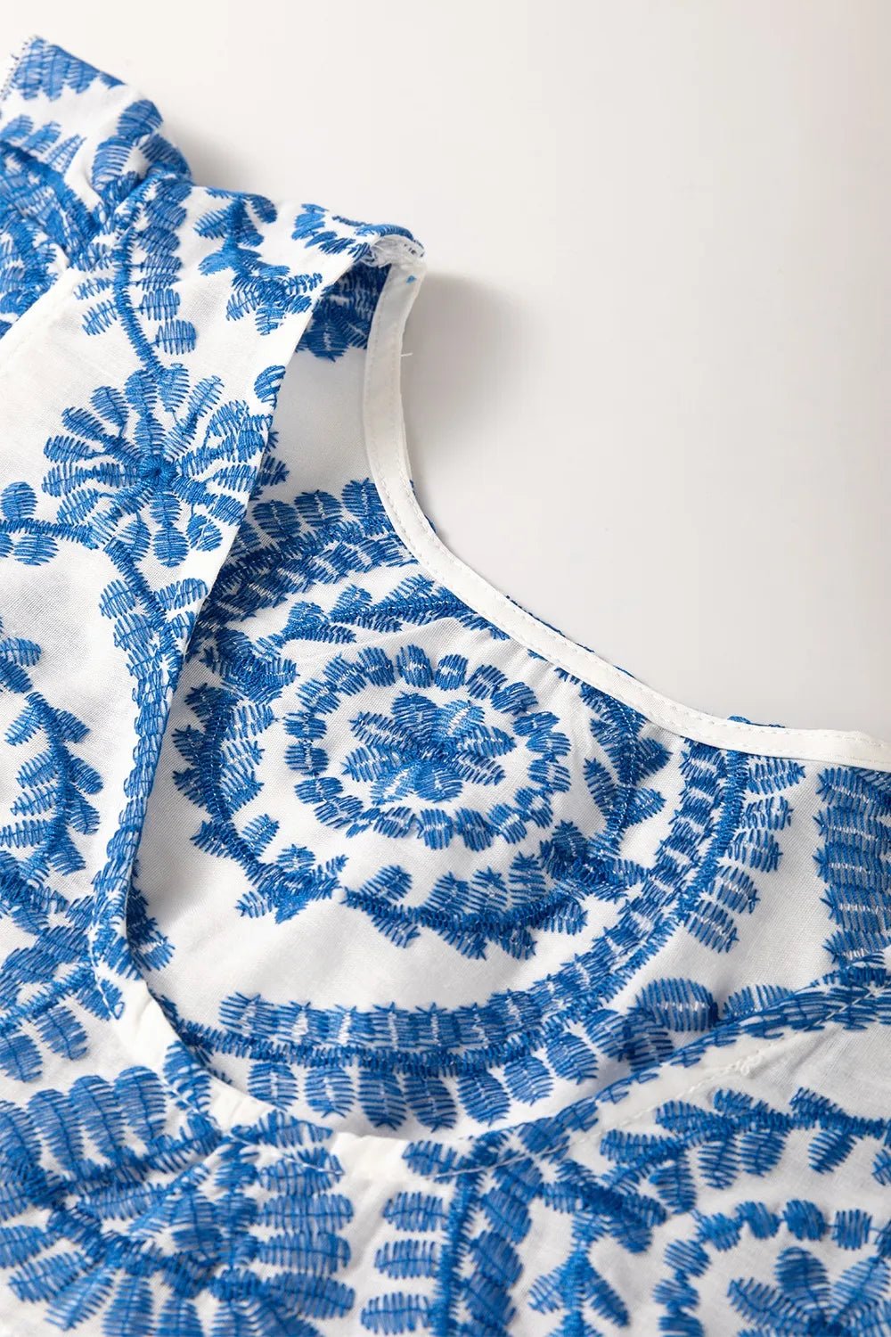 Boho Print Ruffled Cap Sleeve Crew Neck Blouse – Dusty Blue for Shopify Collective (5 view)
