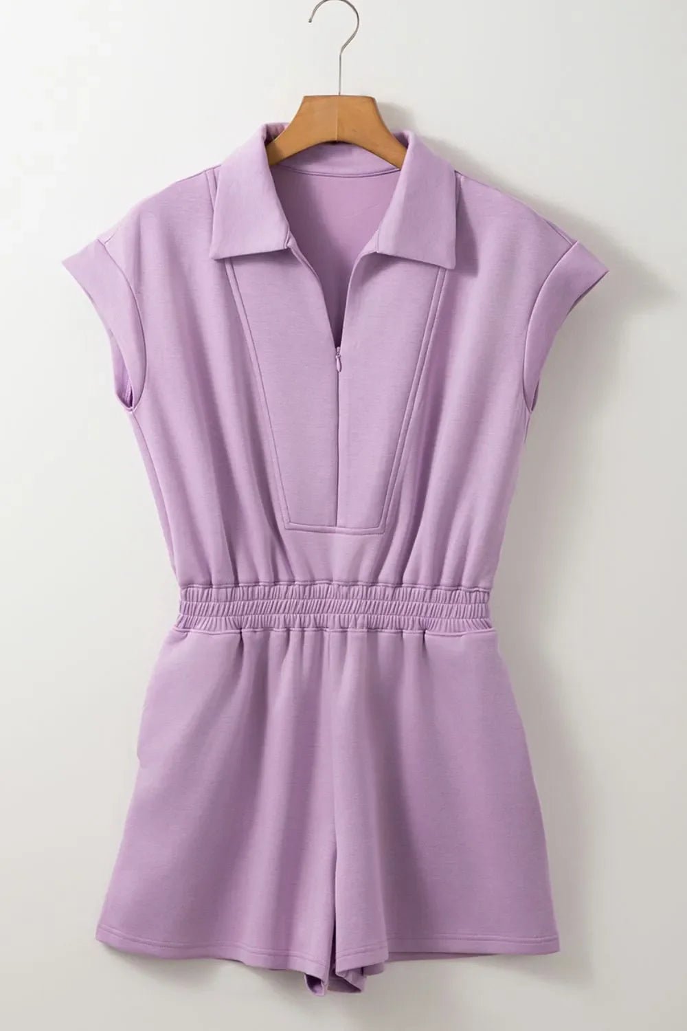 Short Sleeve Zipper Collared Elastic High Waist Romper – Lilac for Shopify Collective (4 view)