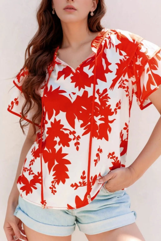 Plant Print Tiered Ruffled Sleeve Tie Neck Blouse – Red for Shopify Collective (2 view)