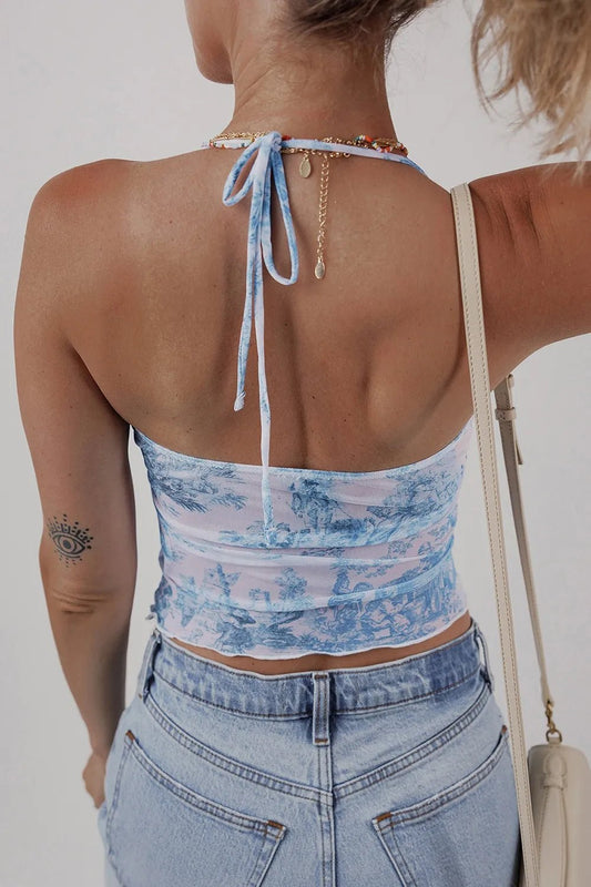 Printed Mesh Bow Detail Halter Neck Tank Top – Light Blue for Shopify Collective (2 view)