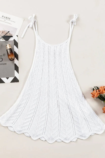 Tie Straps Wave Stripes Textured Eyelet Knitted Vest – White by Simply Love