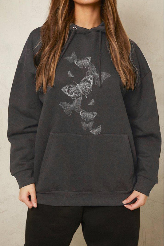 Simply Love Simply Love Full Size Dropped Shoulder Butterfly Graphic Hoodie – Charcoal by Simply Love