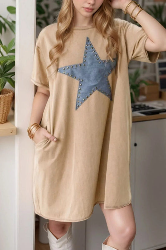 Mineral Wash Stud Beaded Star Pocketed T Shirt Dress – Khaki by Simply Love
