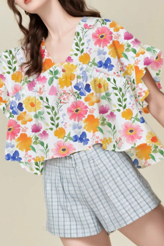 Floral Boxy Fit Ruffled Short Sleeve Blouse – Yellow for Shopify Collective (1 view)