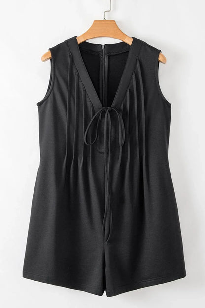 Tie V Neck Pintuck Sleeveless Loose Romper – Black for Shopify Collective (12 view)