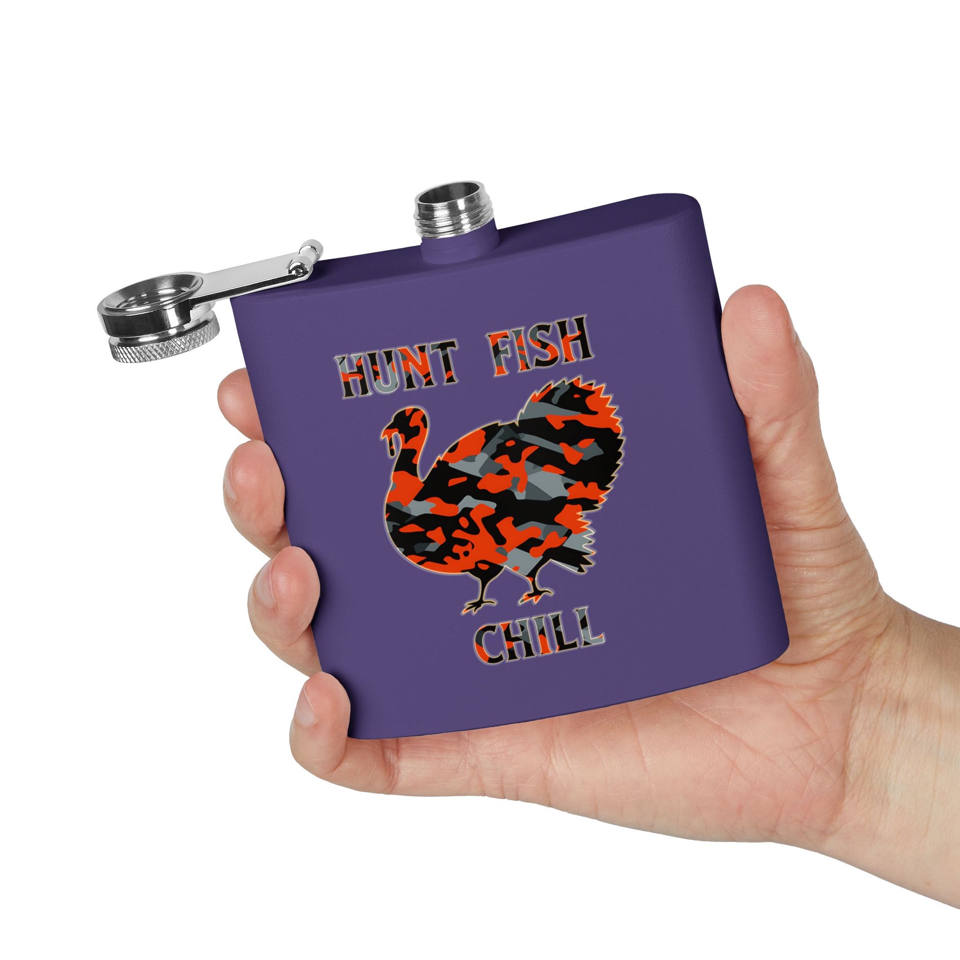 Purple flask with a turkey design and 'Hunt Fish Chill' text held in a hand against a white background