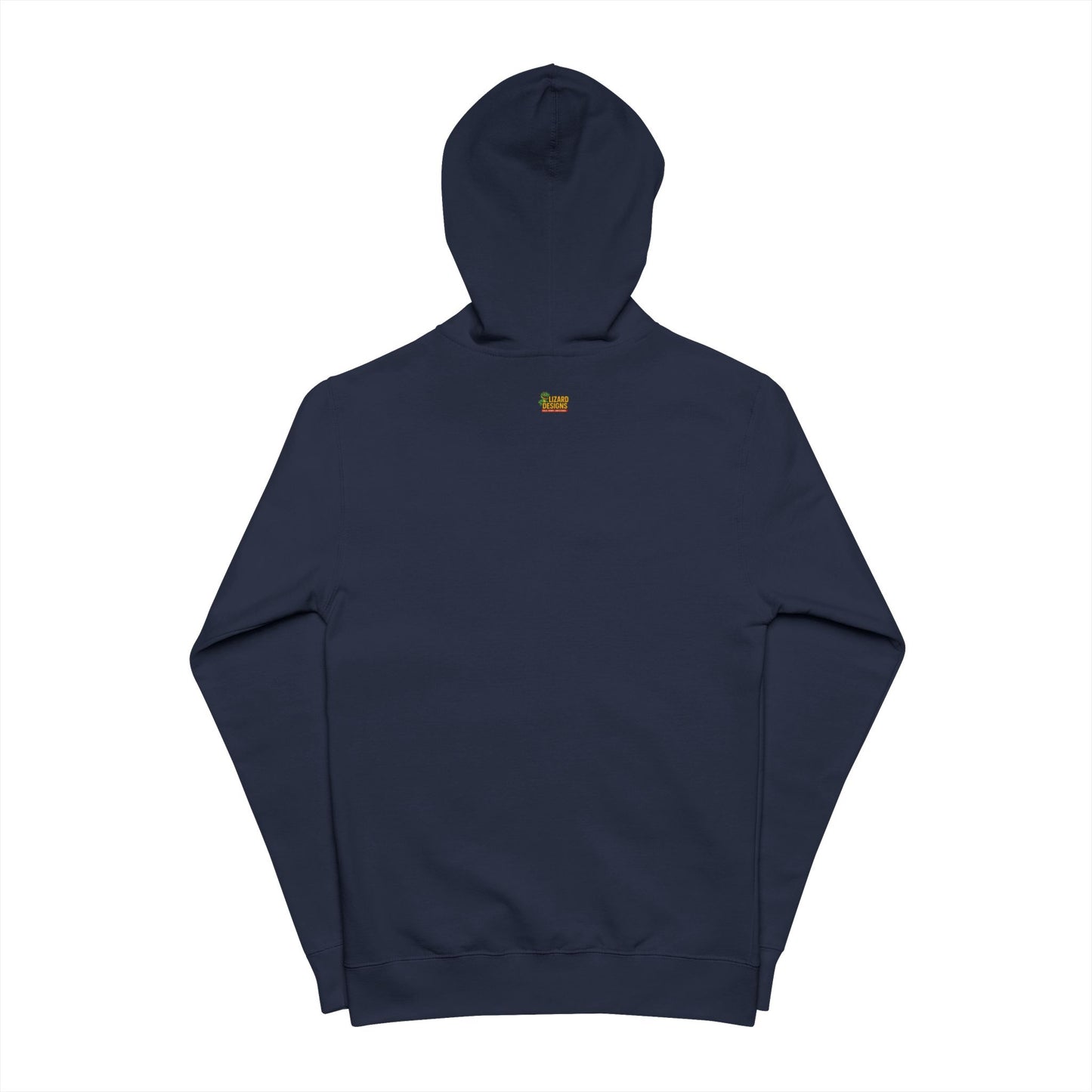 Navy blue hoodie with a small logo on the chest against a white background