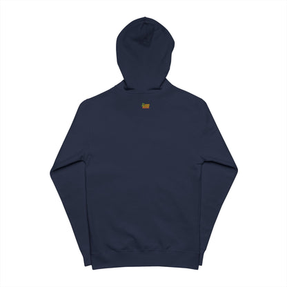 Navy blue hoodie with a small logo on the chest against a white background