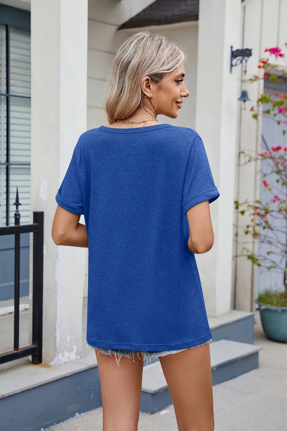 Florira Notched Short Sleeve T-Shirt – Royal Blue Women's Top for Shopify Collective (5 view)