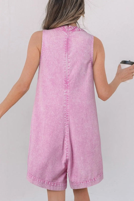 Mineral Wash Pleated Bust V Neck Sleeveless Denim Romper – Pink for Shopify Collective (2 view)