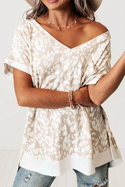 Leopard Print V Neck Side Slit Loose Fit T Shirt – Eggshell for low - stock - alert - sent (3 view)