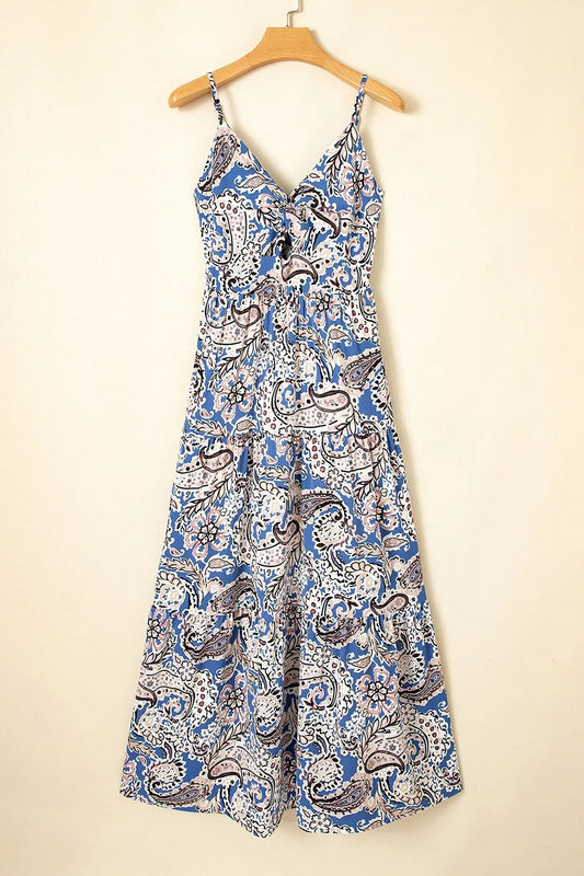 Paisley Print Twist Detail Smocked Back Spaghetti Straps Dress – Dusty Blue for Shopify Collective (2 view)
