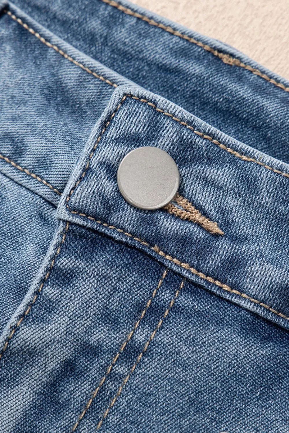 Pearl Beaded Raw Hem Wash Denim Shorts – Medium by Simply Love