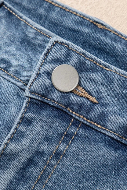 Pearl Beaded Raw Hem Wash Denim Shorts – Medium by Simply Love