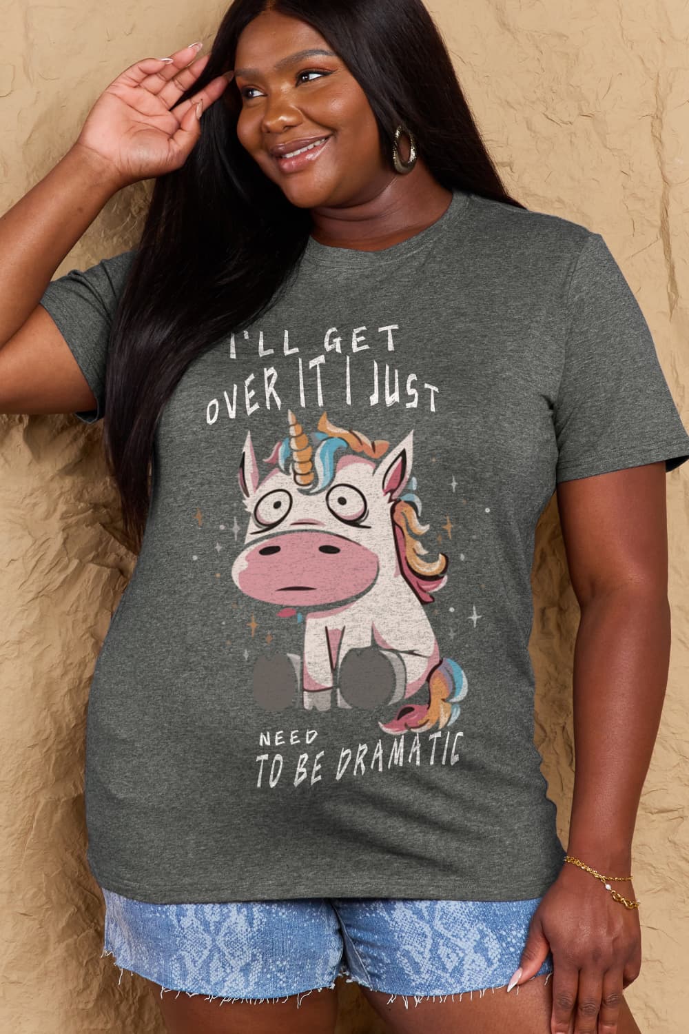 Simply Love Full Size I'LL GET OVER IT I JUST NEED TO BE DRAMATIC Graphic Cotton Tee – Charcoal by Simply Love