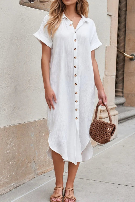 Button Down Short Sleeve Midi Shirt Dress – White for Shopify Collective (2 view)