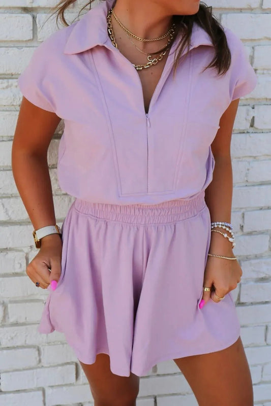 Short Sleeve Zipper Collared Elastic High Waist Romper – Lilac for Shopify Collective (1 view)