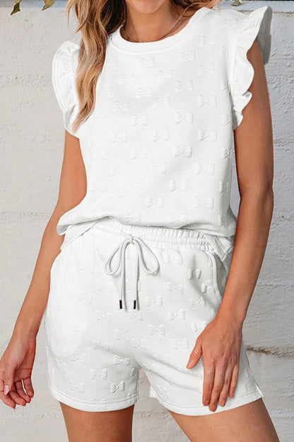 Bow Texture Round Neck Top and Shorts Set – White by Simply Love