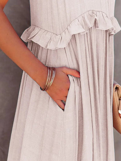 Ruffled Sleeveless Tiered Maxi Dress with Pockets – Tan for Shopify Collective (10 view)