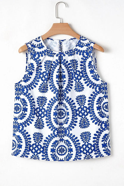 Printed Crew Neck Sleeveless Top – Blue for Shopify Collective (9 view)
