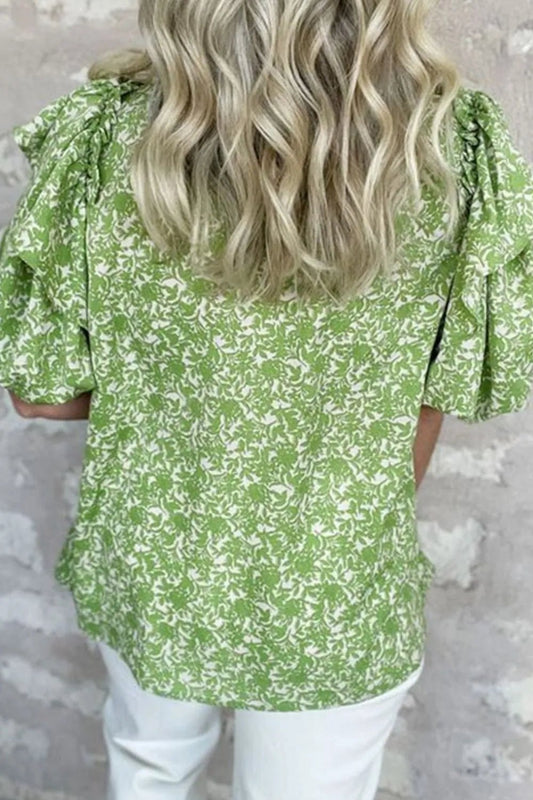 Floral Ruffle Puff Short Sleeve Frilled Notched Blouse – Light Green for Shopify Collective (2 view)