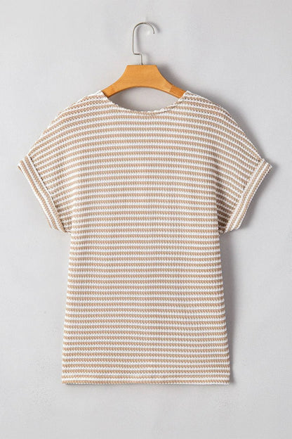 Stripe Buttoned Front V Neck T Shirt – Khaki by Simply Love