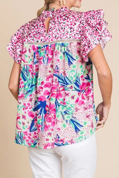 Floral Mixed Print Ruffle Cap Sleeve Blouse – Pink by Simply Love