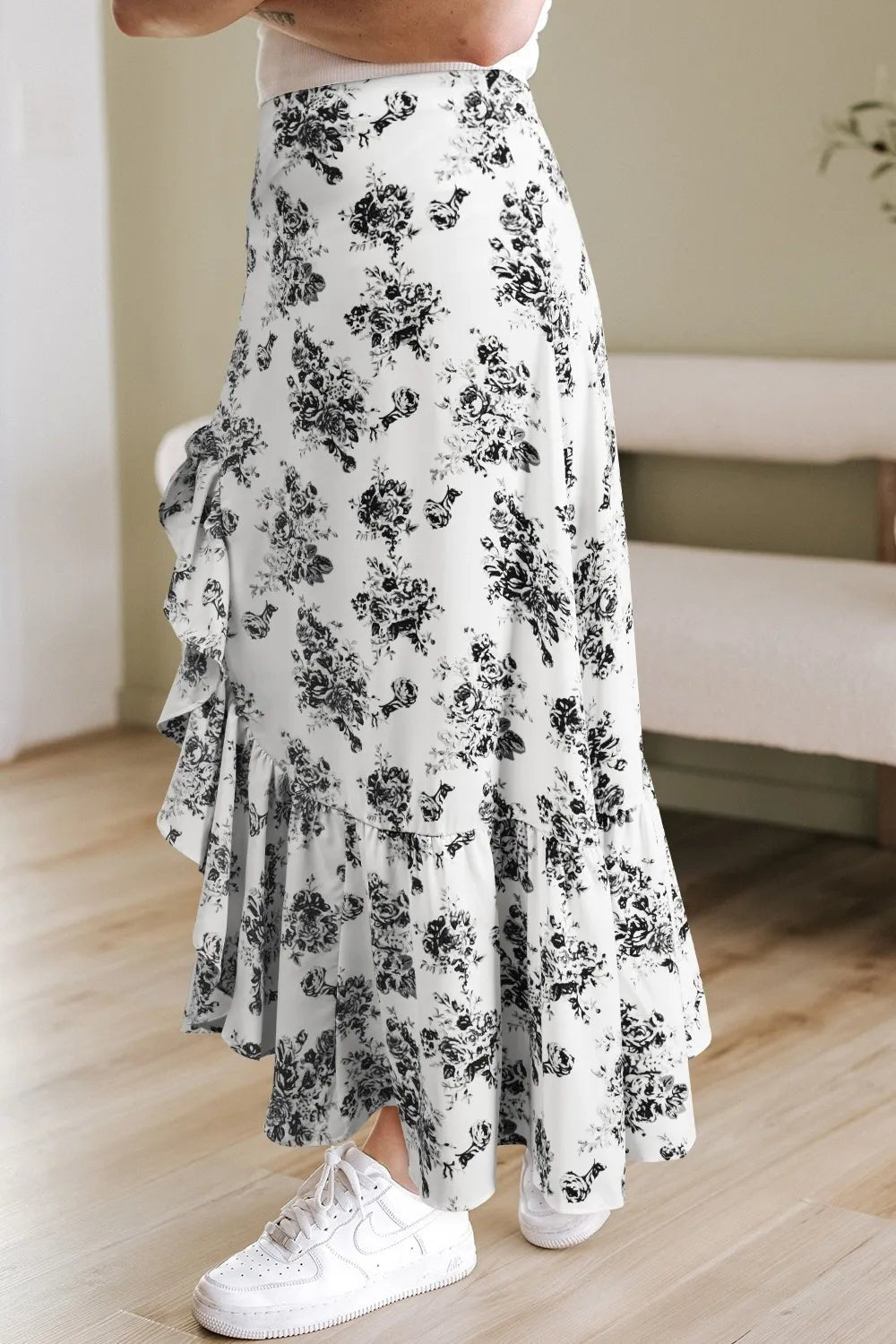 Boho Floral High Waist Ruffle Split Maxi Skirt – Black for Shopify Collective (12 view)