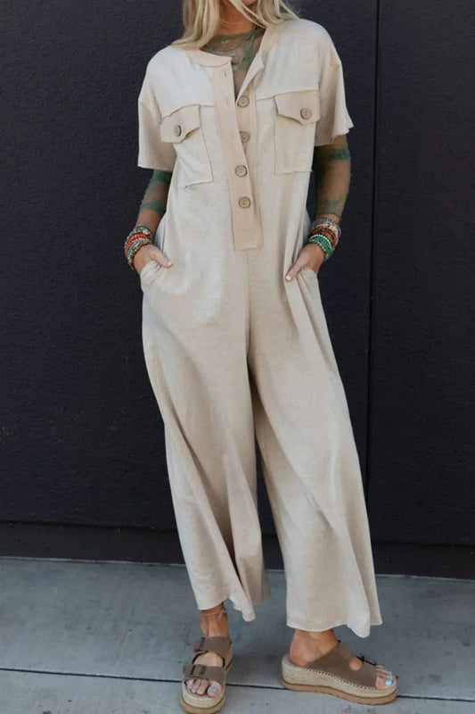 Pocket Front Short Sleeve Wide Leg Jumpsuit – Beige for Shopify Collective (2 view)