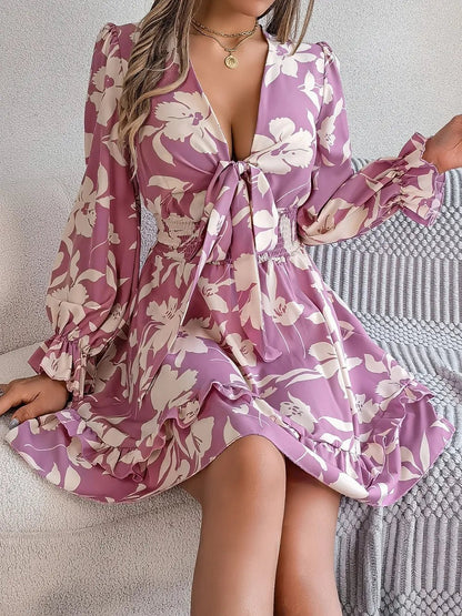 Tied Ruffled Printed Long Sleeve Dress – Lilac Women's Top for Shopify Collective (3 view)
