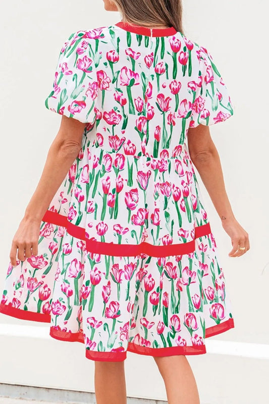 Floral Print Contrast Trim V Neck Bubble Short Sleeve Babydoll Dress – Strawberry for Shopify Collective (2 view)