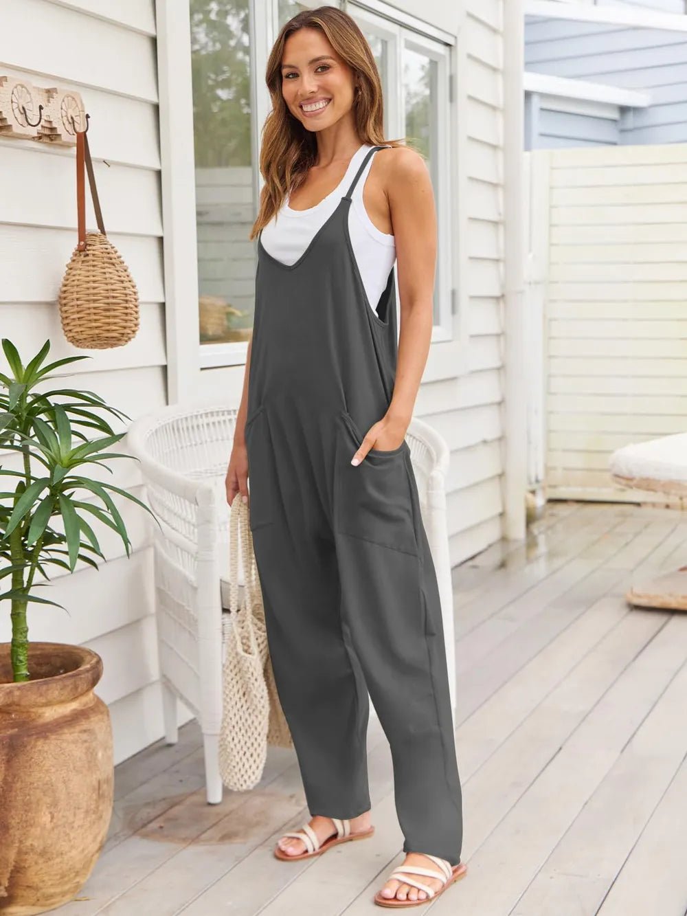 V - Neck Spaghetti Strap Jumpsuit – Dark Gray for Shopify Collective (6 view)