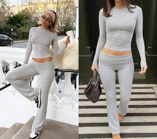 Women’s 2 - Piece Lounge Set – Flared Pants & Long Sleeve Top | Trendy Streetwear & Athleisure – Black Leisure wear