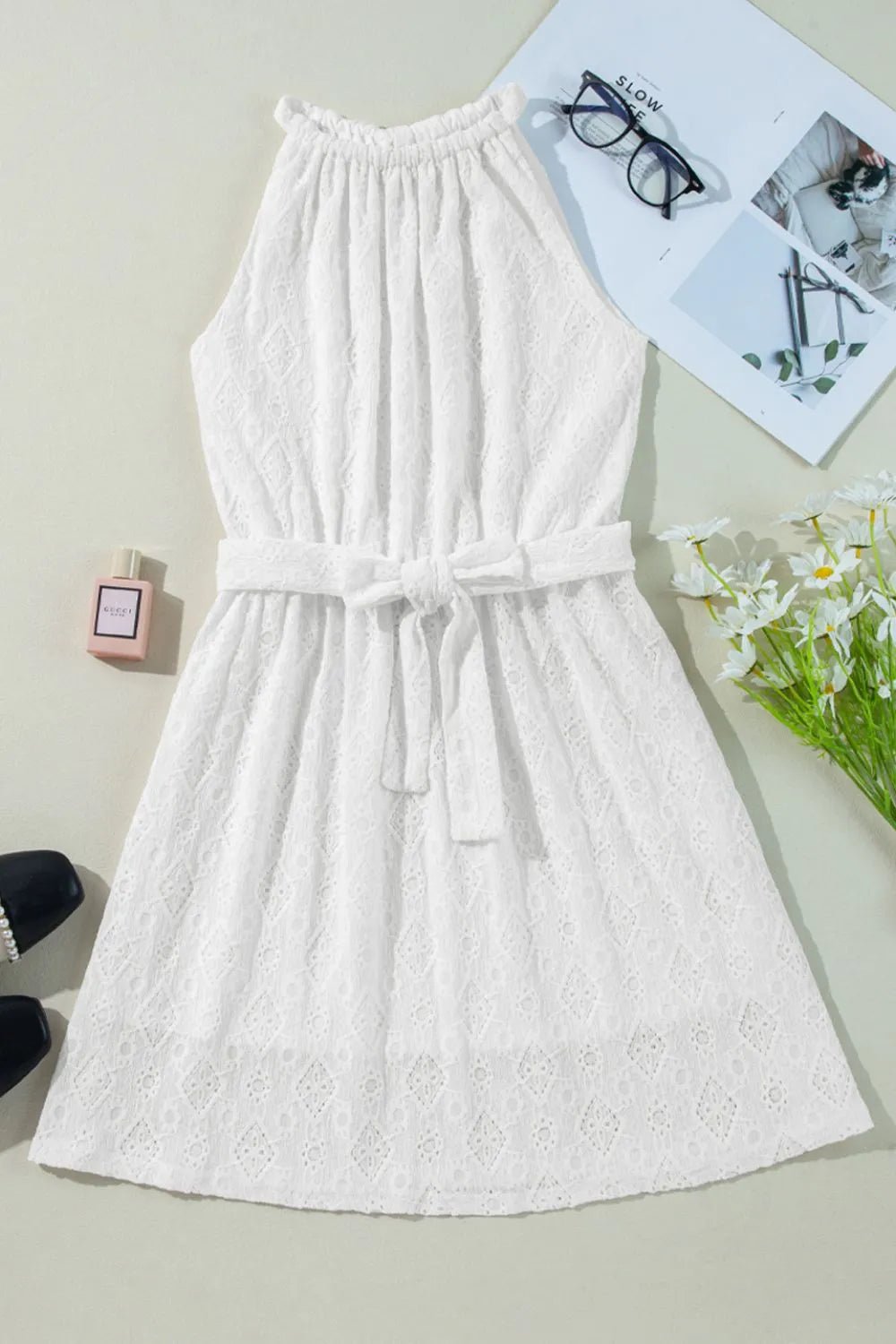 Lace Sleeveless Tied Waist Mini Dress – White for Shopify Collective (9 view)