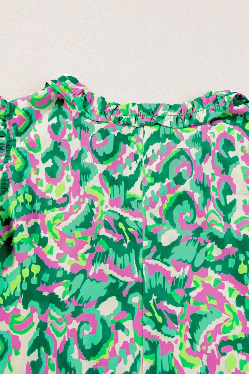 Abstract Print Ruffled Trim Tie Neck Top – Green by Simply Love
