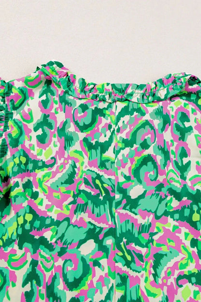 Abstract Print Ruffled Trim Tie Neck Top – Green by Simply Love