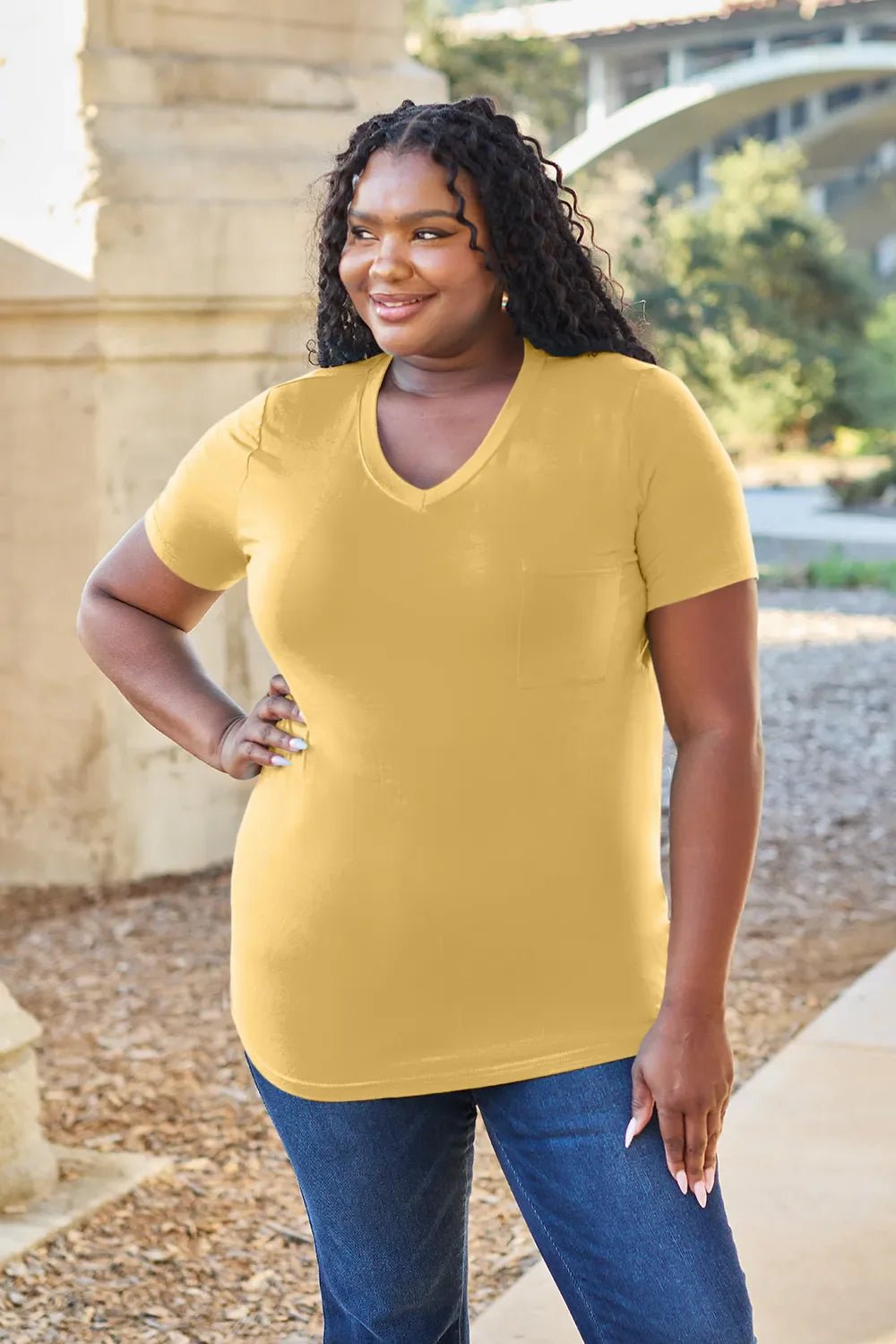 Basic Bae Bamboo Full Size V - Neck Short Sleeve T-Shirt – Yellow for Shopify Collective (30 view)