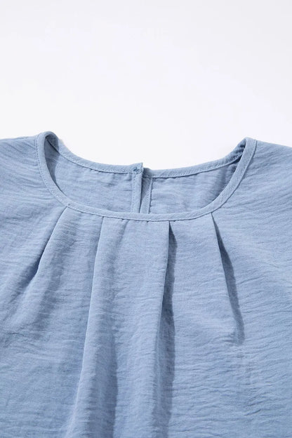 Solid Color Flounce Sleeve Pleated Round Neck Blouse – Light Blue by Simply Love