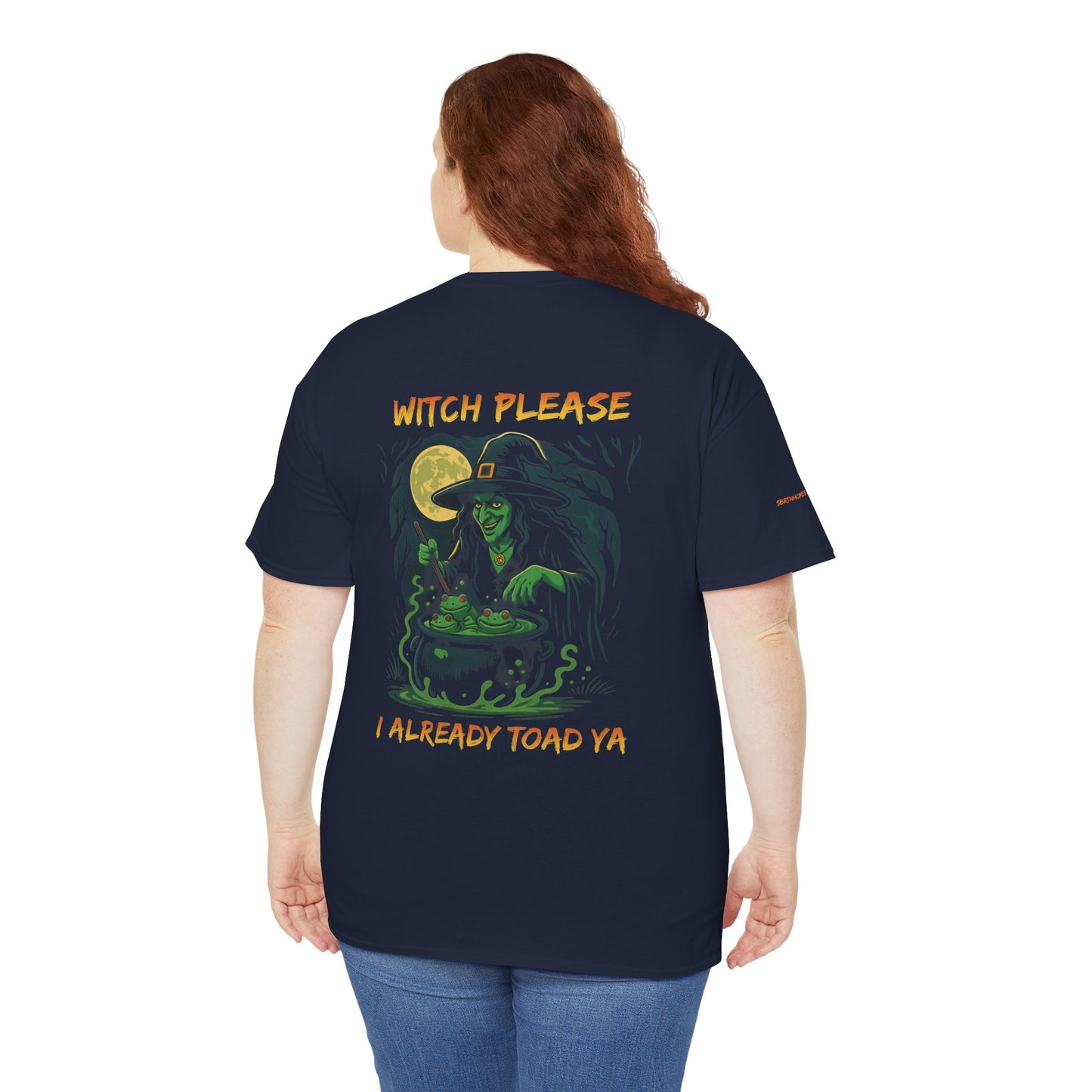 Person wearing a navy blue t-shirt with a witch graphic and text on the back, on a white background.