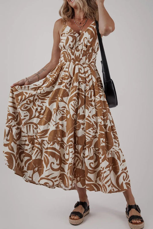 Floral Shirred High Waist Spaghetti Straps Dress – Mocha for Shopify Collective (2 view)