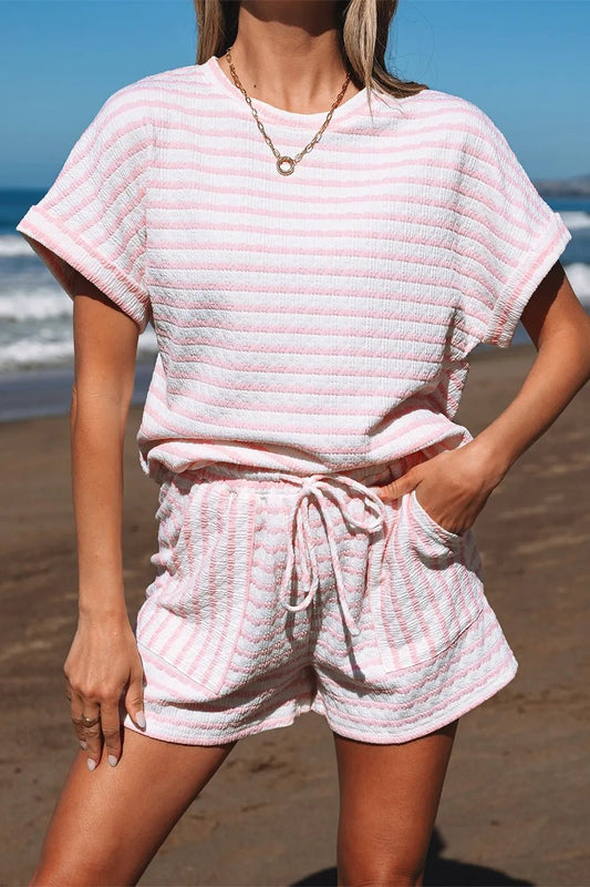 Stripe Knitted Short Sleeve Top and Drawstring Shorts Set – Blush Pink for Shopify Collective (1 view)
