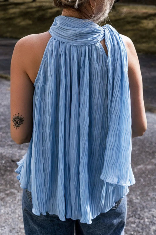 Textured Pleated Tied Mock Neck Flowy Tank Top – Dusty Blue for Shopify Collective (2 view)