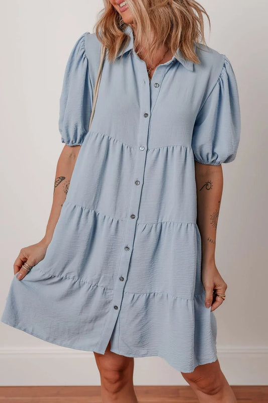 Button Up Puff Sleeve Tiered Shirt Dress – Light Blue by Simply Love