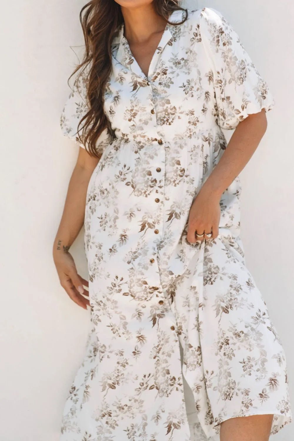 Printed Button Front Puff Sleeve Dress – White for Shopify Collective (4 view)