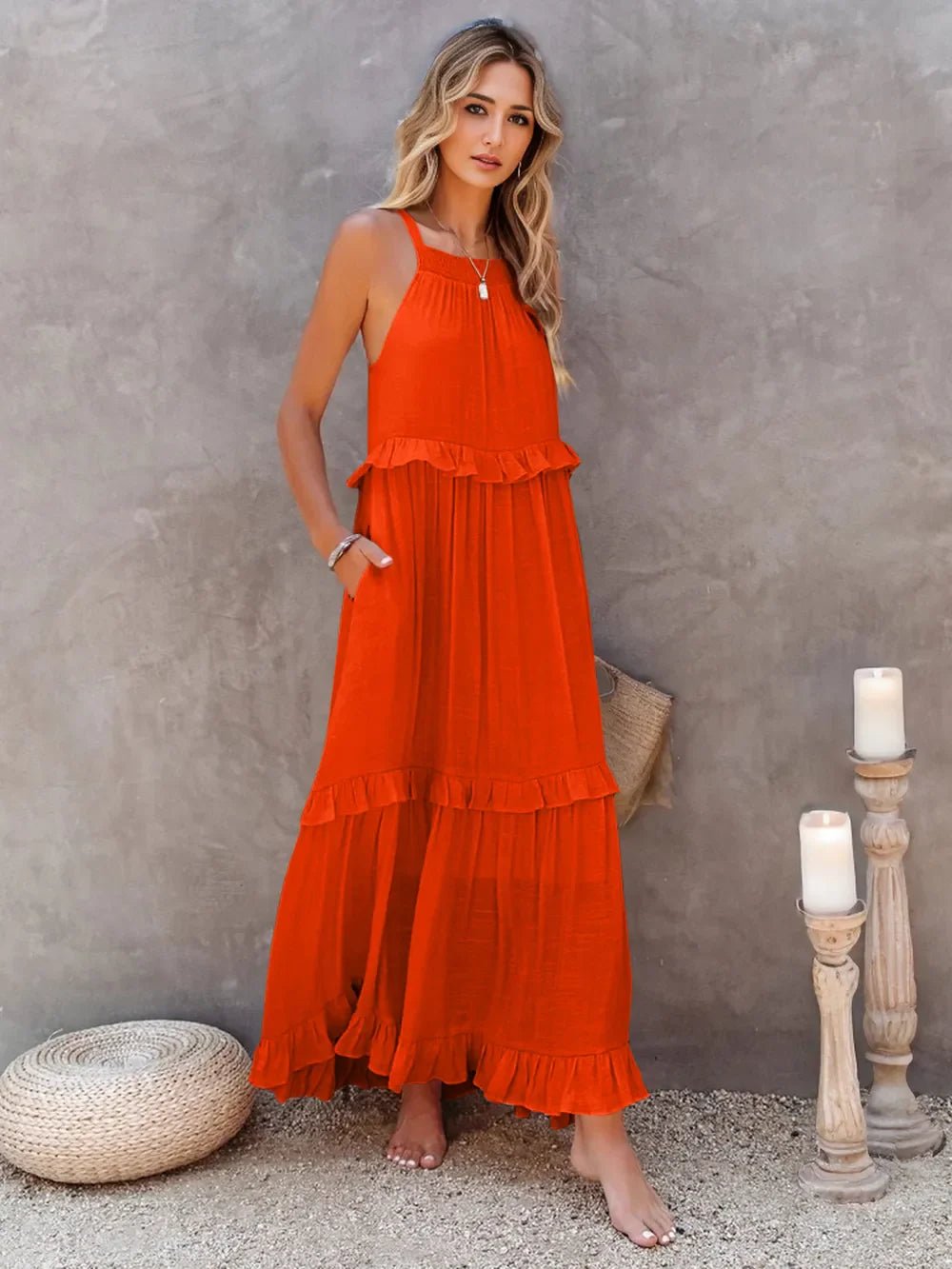 Ruffled Sleeveless Tiered Maxi Dress with Pockets – Orange - Red for Shopify Collective (30 view)