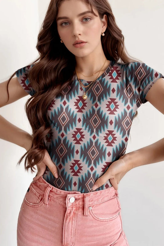 Western Aztec Print Mesh Slim T Shirt – Floral for Shopify Collective (1 view)