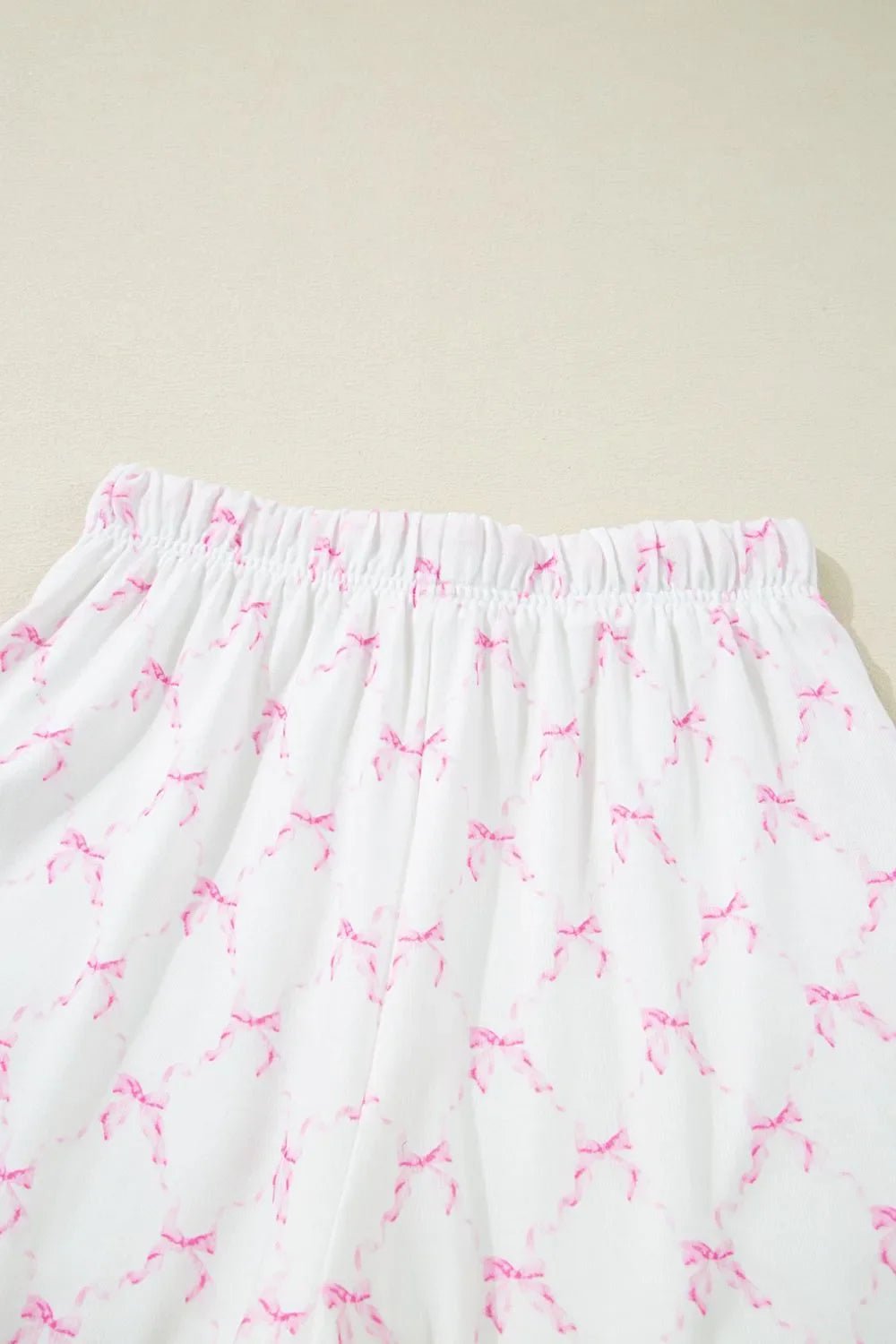 Bow Print Lettuce Trim Round Neck Top and Shorts Lounge Set – Pink for Shopify Collective (11 view)