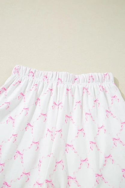Bow Print Lettuce Trim Round Neck Top and Shorts Lounge Set – Pink for Shopify Collective (11 view)