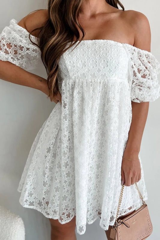 Lace Puff Sleeve Empire Waist Mini Dress – White for Shopify Collective (1 view)