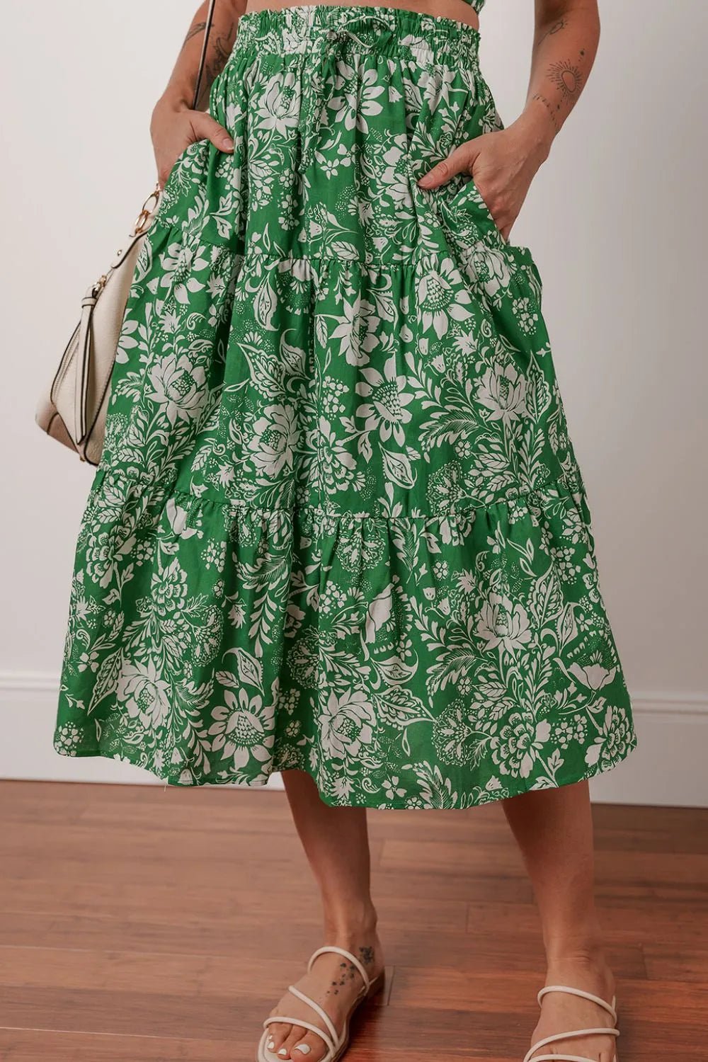 Floral Print Shirred Crop Top and Midi Skirt Set – Dark Green for Shopify Collective (4 view)